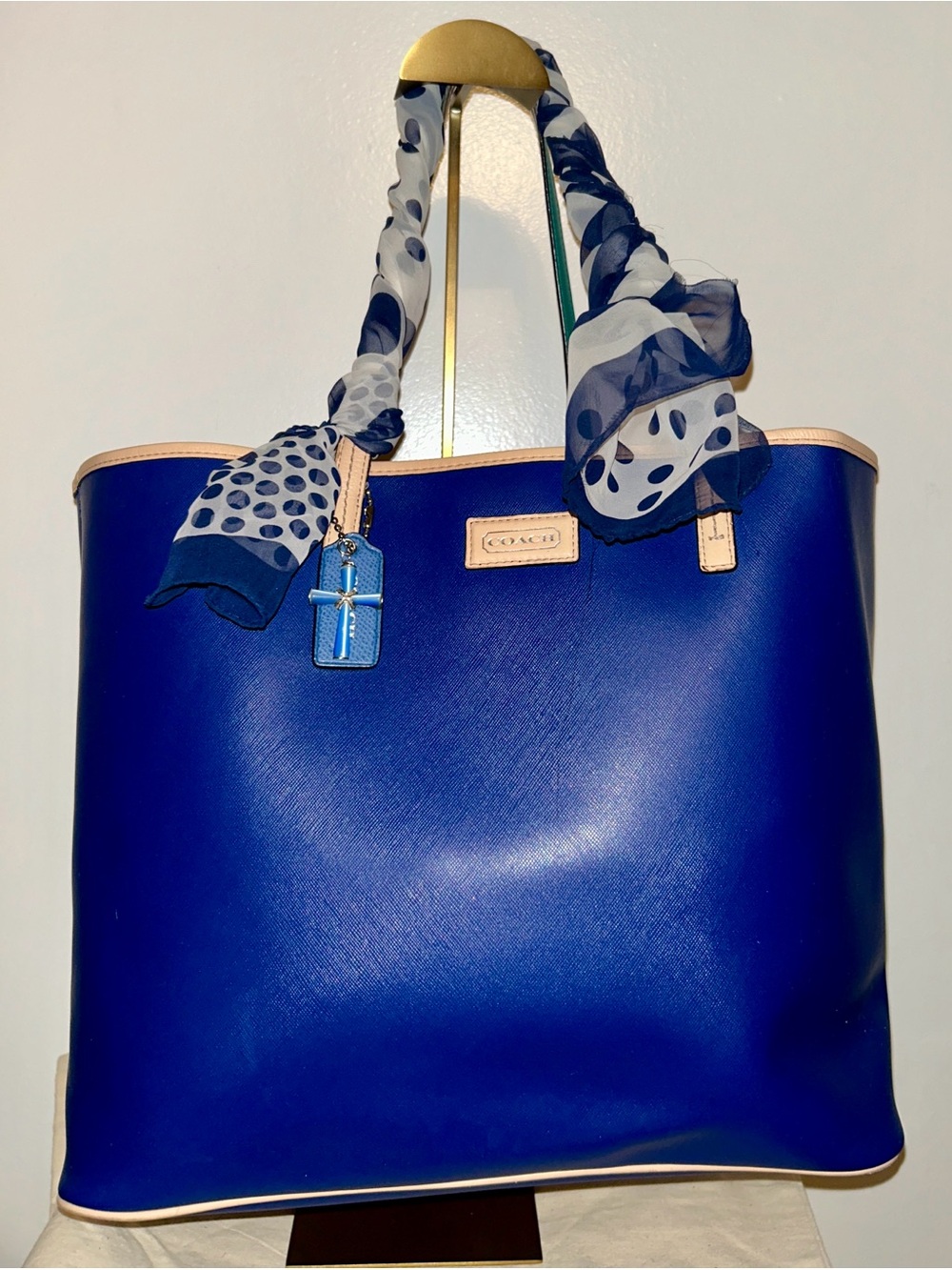 Coach Park Navy Saffiano Leather Tote with Polka Dot Scarf-wrapped Handles